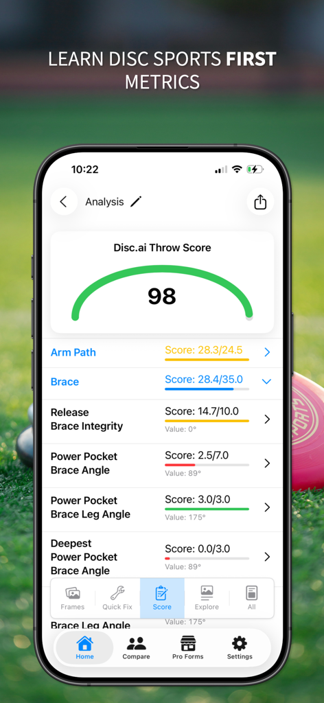 Disc.ai - Disc.ai app interface showing a throw score of 98 with detailed performance metrics for disc sports.