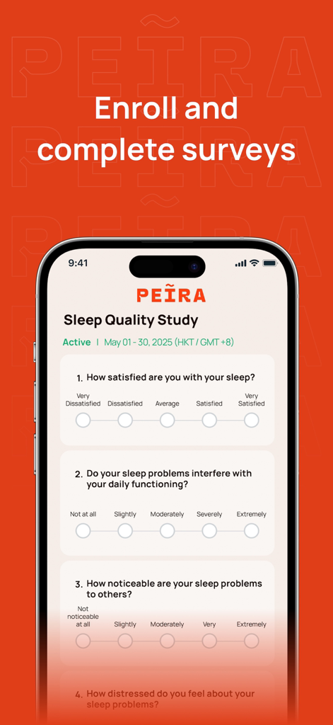 PEIRA - Participate & Get Paid - A mobile interface showing a sleep quality survey on the PEIRA app for academic research.