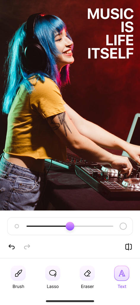 Magic Eraser app interface showing text tool feature with a DJ photo background