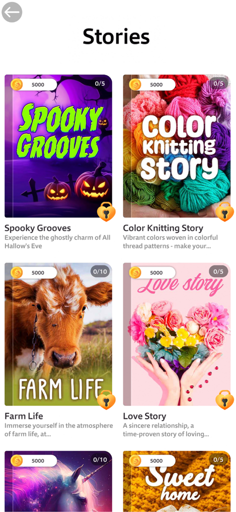 Un écran de menu montrant diverses collections de puzzles thématiques comme Farm Life et Color Knitting Story dans l'application de puzzles