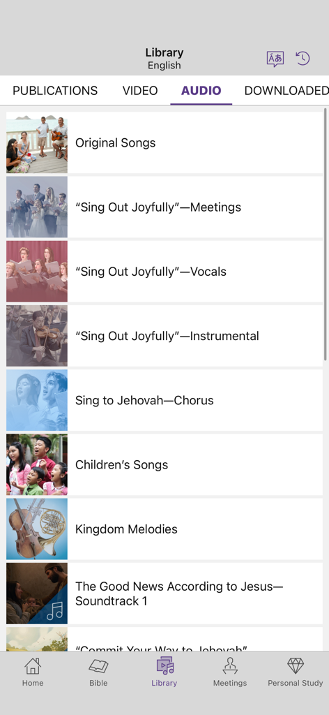 JW Library app audio screen showing religious song collections and soundtracks