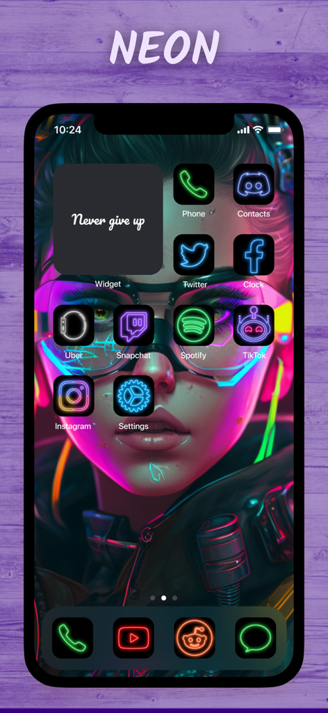 4k Wallpapers, Widgets: Plaw - iPhone home screen with a neon aesthetic theme featuring colorful app icons and a cyberpunk character wallpaper