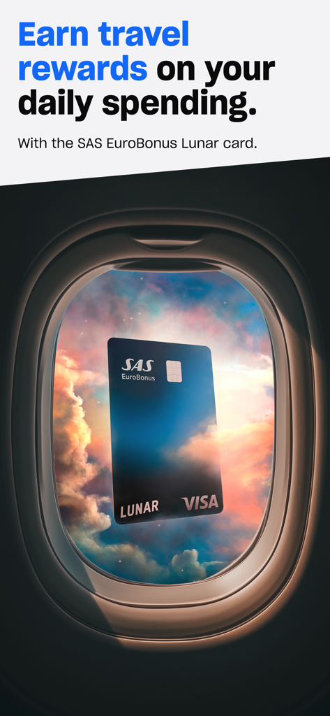 Lunar SAS EuroBonus Visa card shown in an airplane window with a sunset sky background