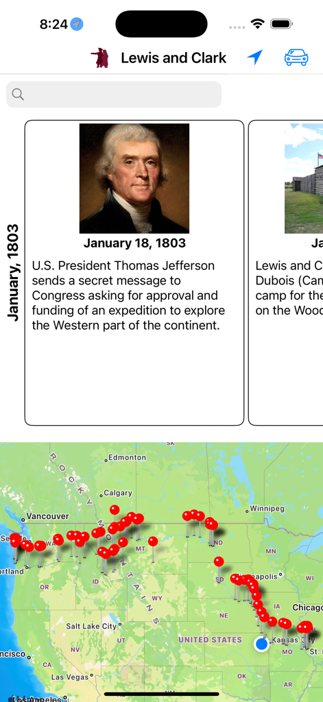 The Lewis and Clark Trail app interface featuring a historical timeline card for Thomas Jefferson and an interactive map with expedition trail markers.