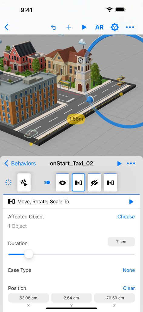 Screenshot of Reality Composer app showing AR scene animation and behavior settings