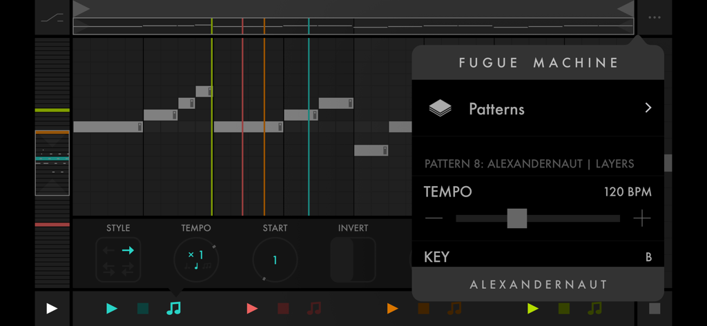 Interface of Fugue Machine MIDI sequencer with multi-playhead piano roll and pattern settings