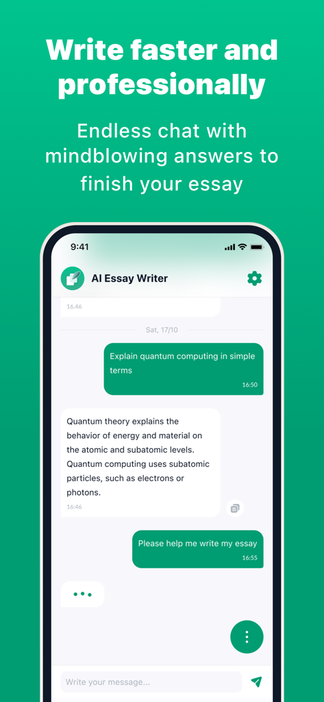 Interface de chat do aplicativo AI Essay Writer mostrando uma conversa explicando a computação quântica e pedindo ajuda com um ensaio.