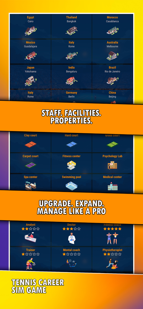 Tennis Career Sim Game screen showing staff facilities and property management options