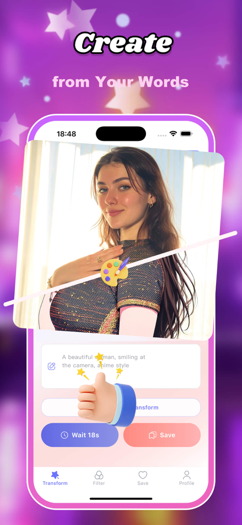 Interface do aplicativo Geko mostrando uma transformação de foto de retrato de texto para anime por IA usando um prompt personalizado.