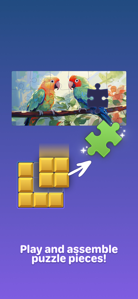 Boom Blocks: Classic Puzzle - Boom Blocks app interface showing a colorful parrot jigsaw puzzle and block puzzle gameplay