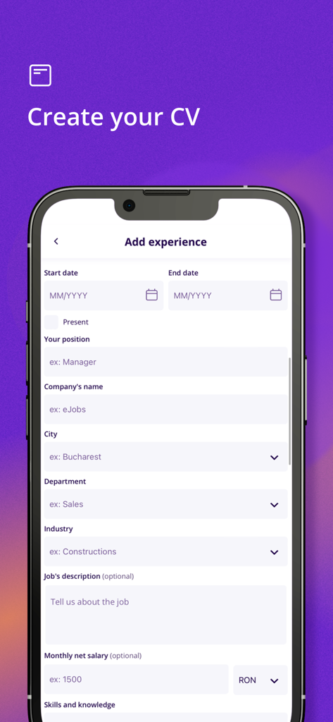 eJobs.ro - Mobile screen of the eJobs app CV builder showing fields to add professional experience.