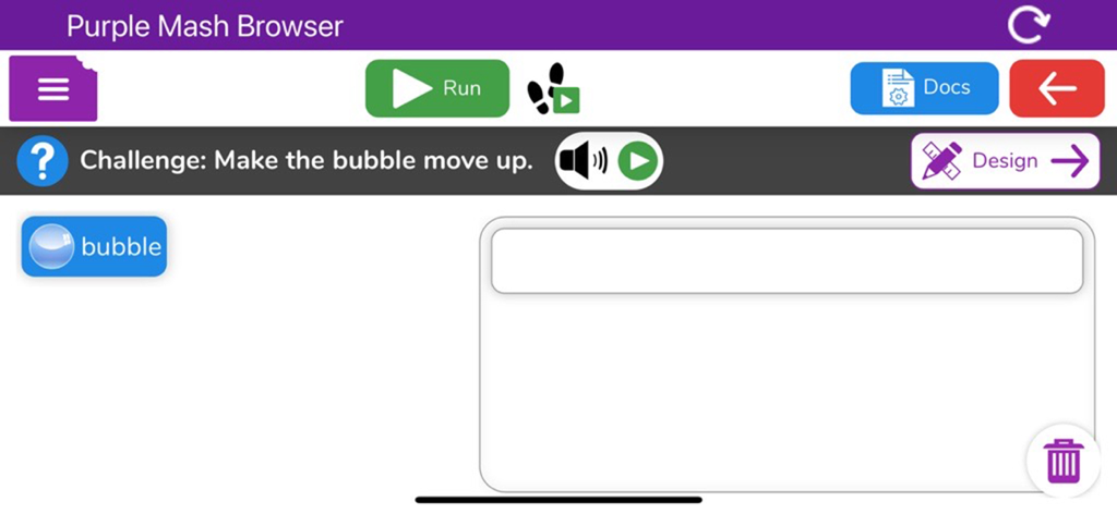 Purple Mash Browser - Screenshot of a coding challenge in the Purple Mash Browser app where students are tasked with making a bubble move up