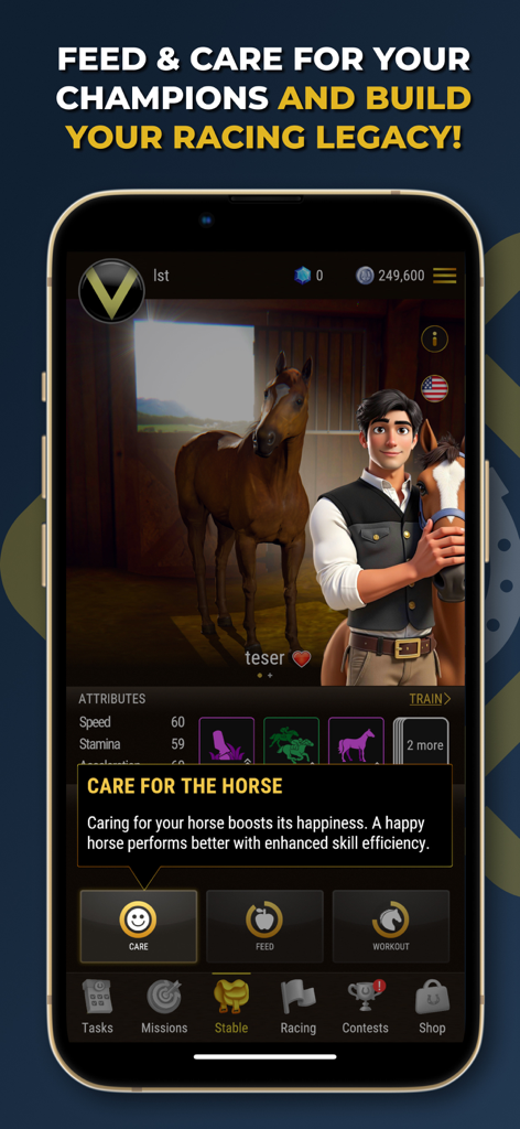 말과 조련사를 보여주는 마구간 관리 화면, 동물을 먹이고 돌보는 옵션 포함