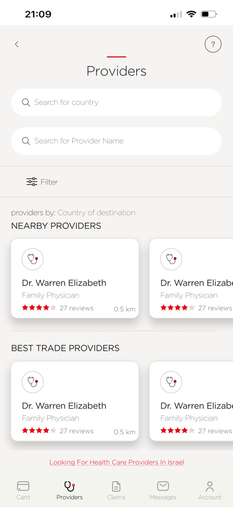 Interface de l'application PassportCard-DavidShield affichant l'écran de recherche de prestataires de santé avec des filtres et des listes de médecins à proximité