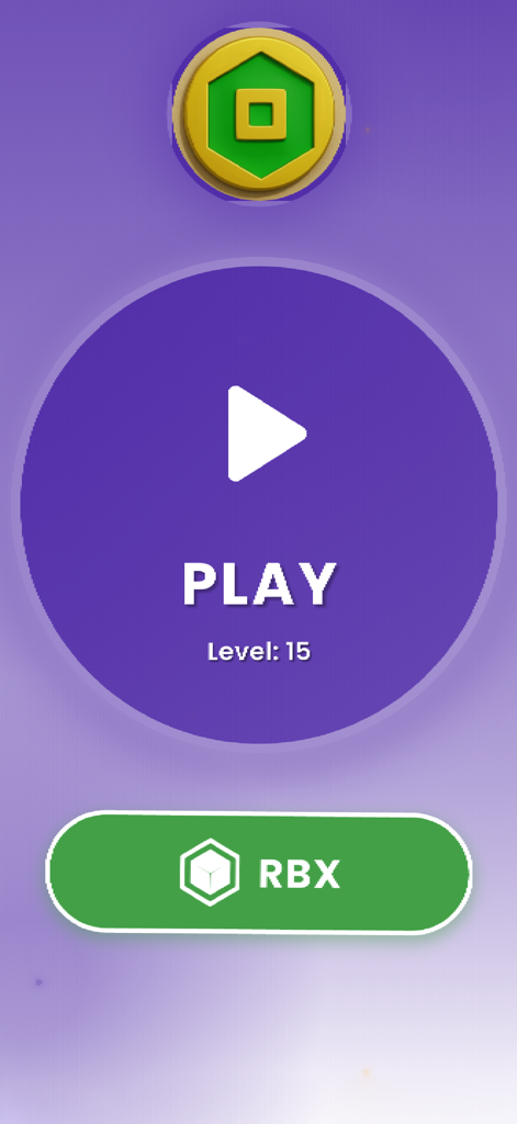 Main menu screen of Robux Winner Quiz showing play button and current level.