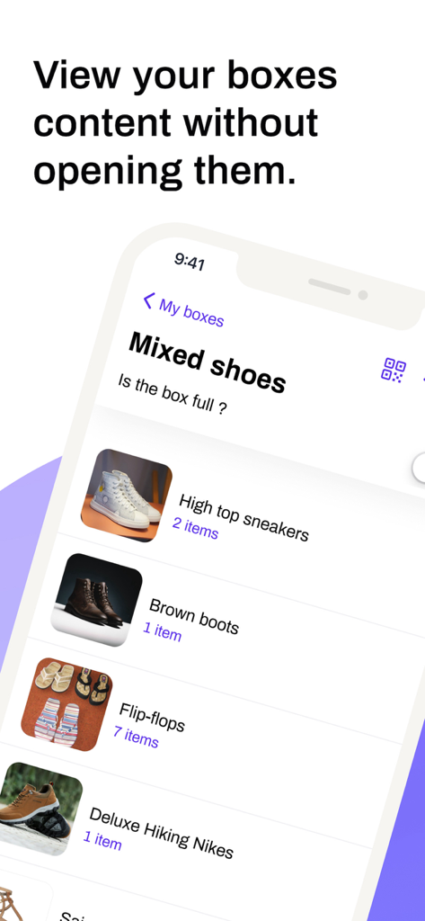 Scan Your Boxes - A mobile app interface showing a digital inventory of shoes stored in a box including photos and item names