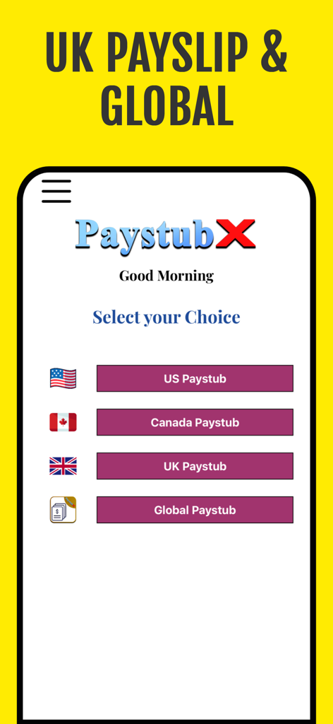 Écran d'application mobile montrant les options de sélection pour la génération de bulletins de paie aux États-Unis, Canada, Royaume-Uni et à l'échelle mondiale.