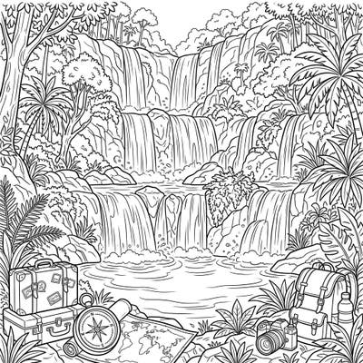 Dive into a world of natural beauty and adventure with this stunning coloring page featuring majestic tiered waterfalls. Discover hidden vacation treasures like suitcases and travel maps, ready for your artistic touch.