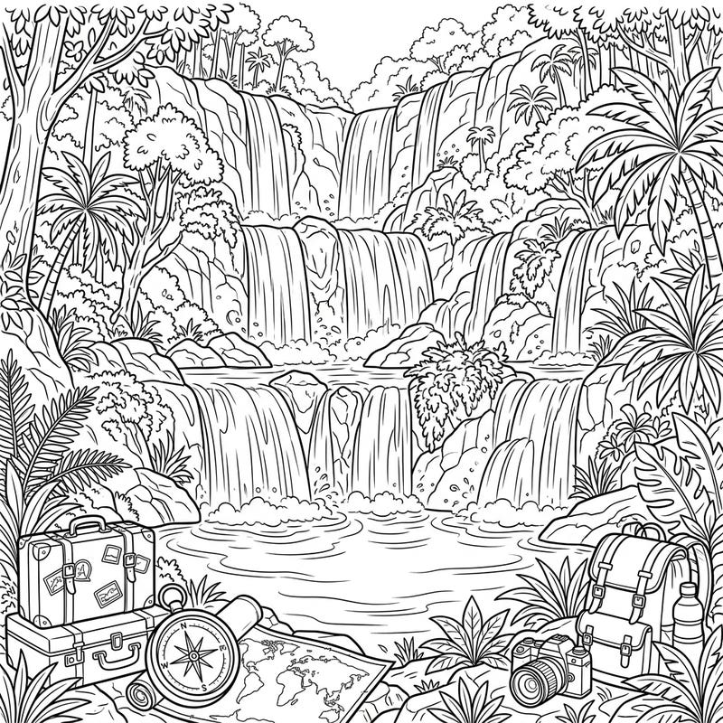 Dive into a world of natural beauty and adventure with this stunning coloring page featuring majestic tiered waterfalls. Discover hidden vacation treasures like suitcases and travel maps, ready for your artistic touch.