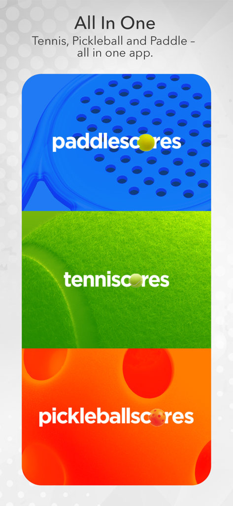 Tenniscores - Tenniscores app interface showing support for tennis pickleball and paddle match tracking