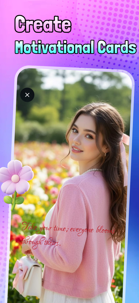 Nexli app interface showing a motivational card with a woman in a flower field and an inspirational quote