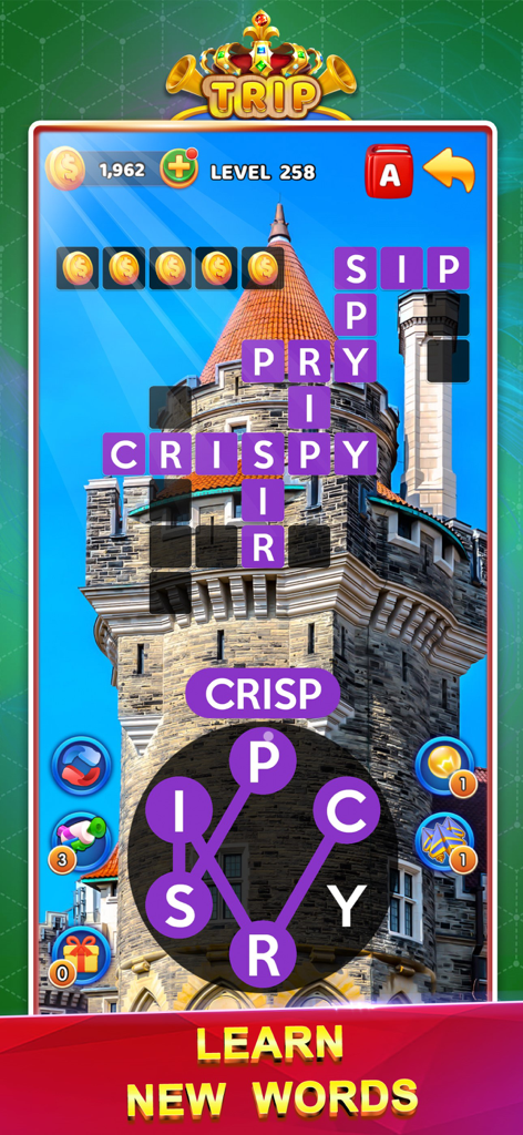 Word Trip Connect Puzzle Games - Word Trip Connect crossword puzzle level with a scenic castle background and word search gameplay.