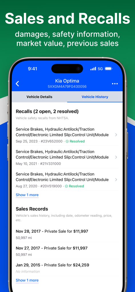 Plate Lookup: VIN Check - Mobile app screen displaying vehicle history with detailed sales records and manufacturer recalls