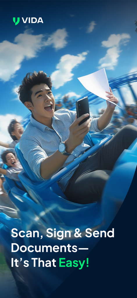 VIDA - Scan, e-Sign, e-Meterai - Homem em uma montanha-russa usando o aplicativo VIDA para digitalizar, assinar e enviar documentos