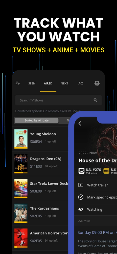Simkl Lists: TV, Anime, Movies - Interfaccia dell'app Simkl Lists che mostra una watchlist di serie TV e i dettagli delle serie