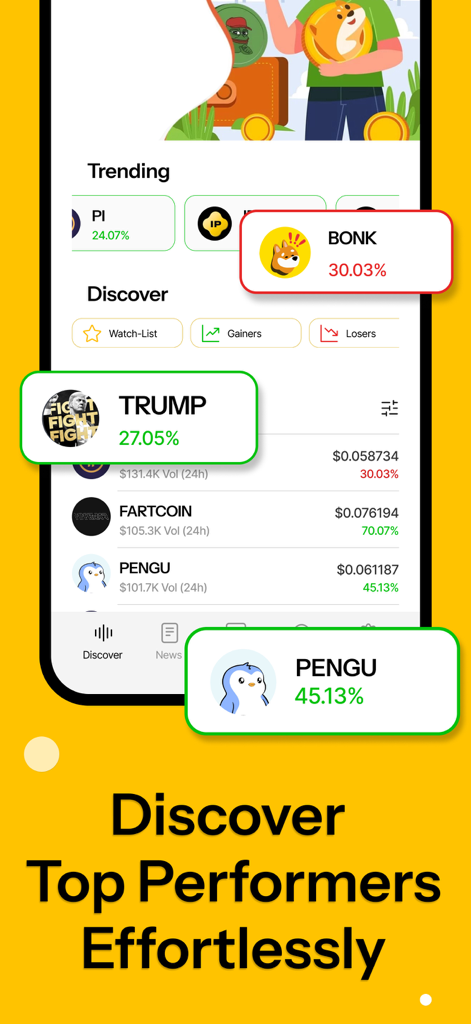Meme Coin Tracker app screen showing trending crypto assets and price gains