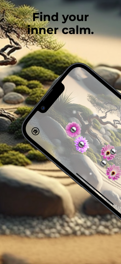Zen Garden - Pantalla del iPhone que muestra la interfaz de la aplicación Jardín Zen con flores rosas y el texto Encuentra tu calma interior