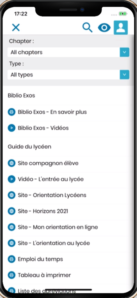 Pantalla de la aplicación Biblio-Manuels que muestra una lista de recursos para estudiantes y guías educativas de secundaria