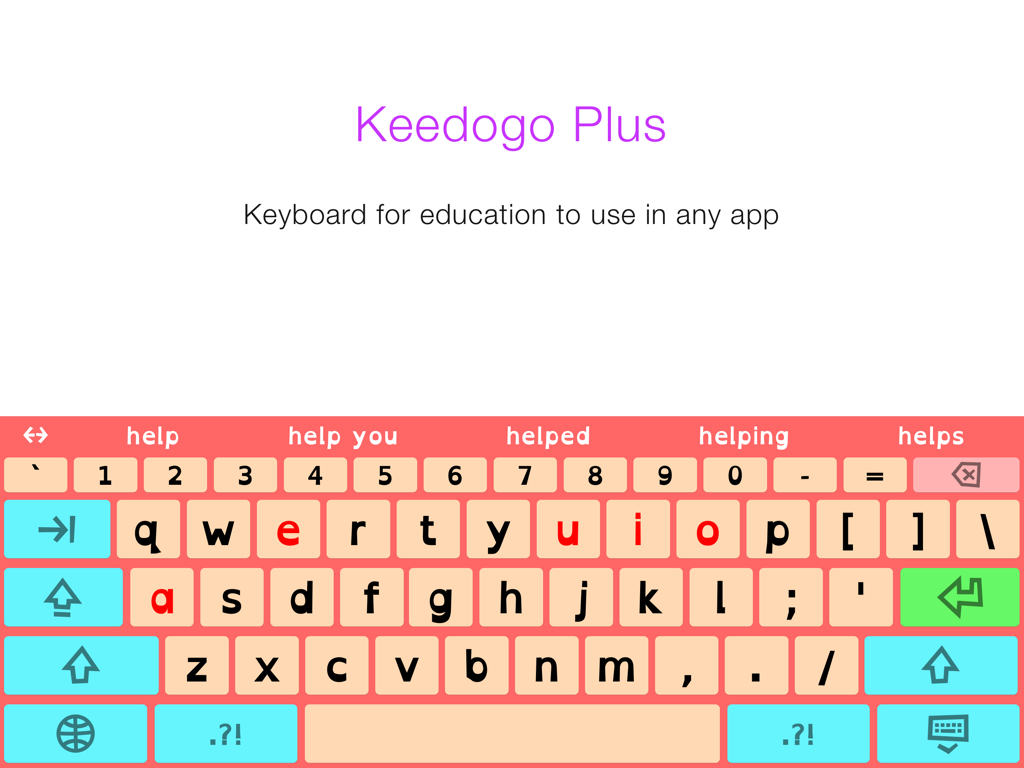 Keedogo Plus simplified iPad keyboard with word prediction and color coded vowels for children