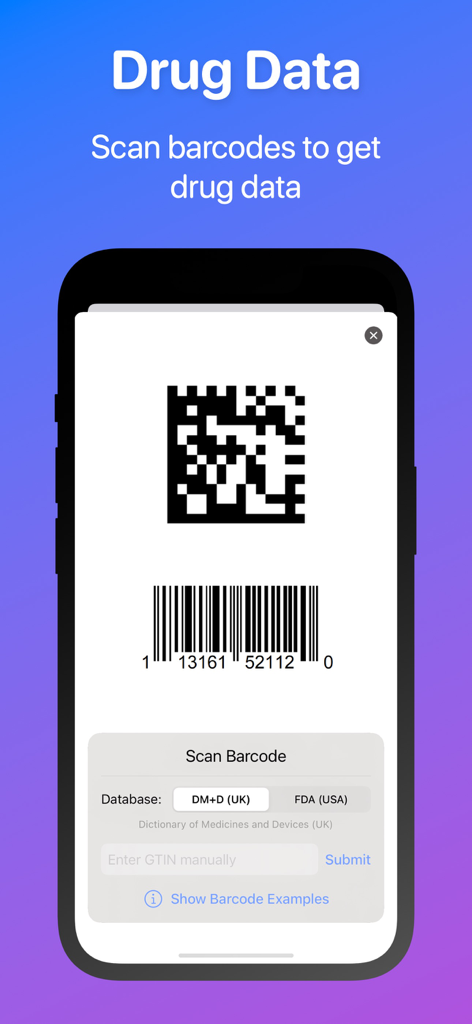 Ampoule - Medical Inventory - Ampoule app barcode scanner interface for automatically retrieving medication data from US and UK databases