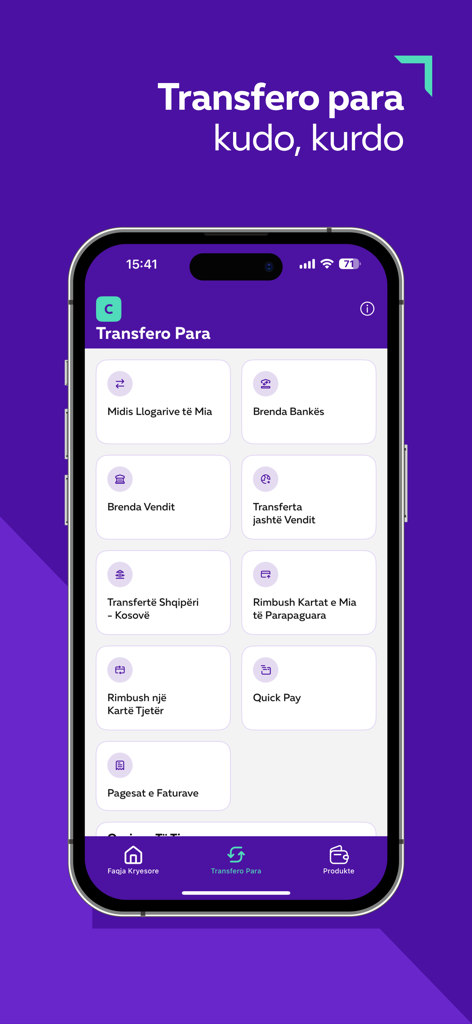 CREDINS online - Credins Online mobile app interface showing money transfer and bill payment options in Albanian