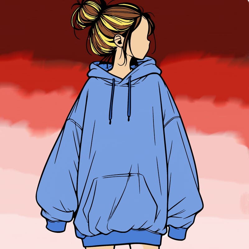 realistic girl with a oversized sweatshirt on and a bun