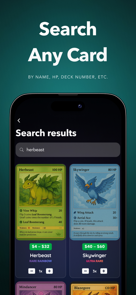Snapdex: Card Value Scanner - Snapdex app interface showing search results for trading cards with price ranges and rarity