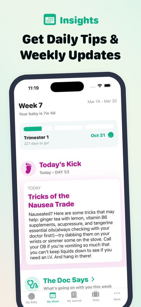 Pregnancy Tracker 3D by Sprout - Uma interface de aplicativo móvel exibindo dicas diárias de gravidez e atualizações de progresso semanais para o primeiro trimestre.