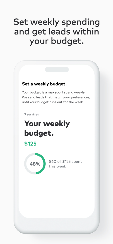 Interface for setting and tracking a weekly spending budget for leads in the Thumbtack for Professionals app