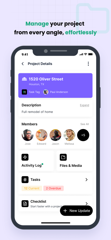 TaskTag: How to project. - TaskTag mobile app screen showing construction project management details for a home remodel with team members and task tracking