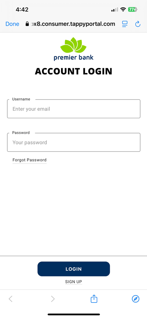 Premier Wear - Pantalla de inicio de sesión de la cuenta de la aplicación Premier Wear mostrando campos de nombre de usuario y contraseña