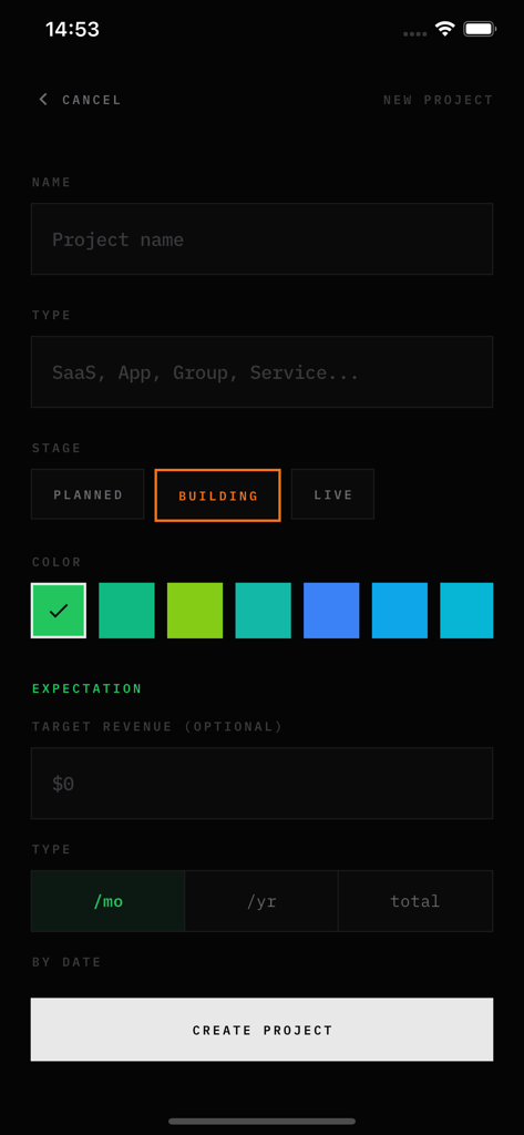 Interfaz para crear un nuevo proyecto en la aplicación Vertex Revenue Tracker que muestra campos para el nombre del proyecto, la etapa y los objetivos de ingresos.