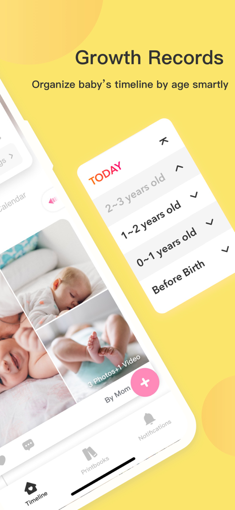 Interfaccia dell'app Bebememo che mostra i record di crescita del bambino organizzati per cronologia di età