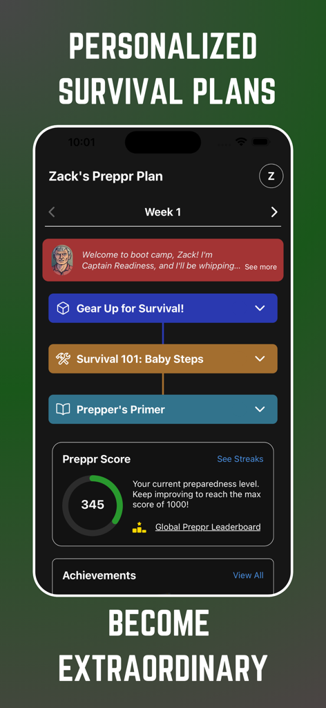 Preppr: Learn, Stock, Survive - A mobile interface for Preppr app displaying a personalized survival plan with a progress tracker and readiness score