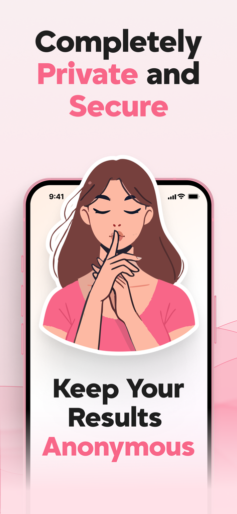 Pregnancy Test Checker & Scan - Graphic showing privacy features of the Pregnancy Test Checker app with an illustration of a woman making a shushing gesture.