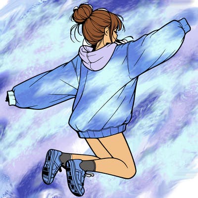 realistic girl jumping with a bun and oversized sweatshirt
