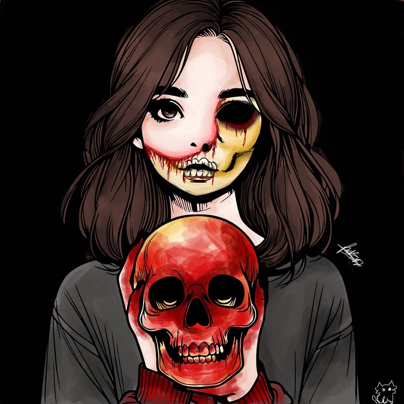 realistic girl holding a skull