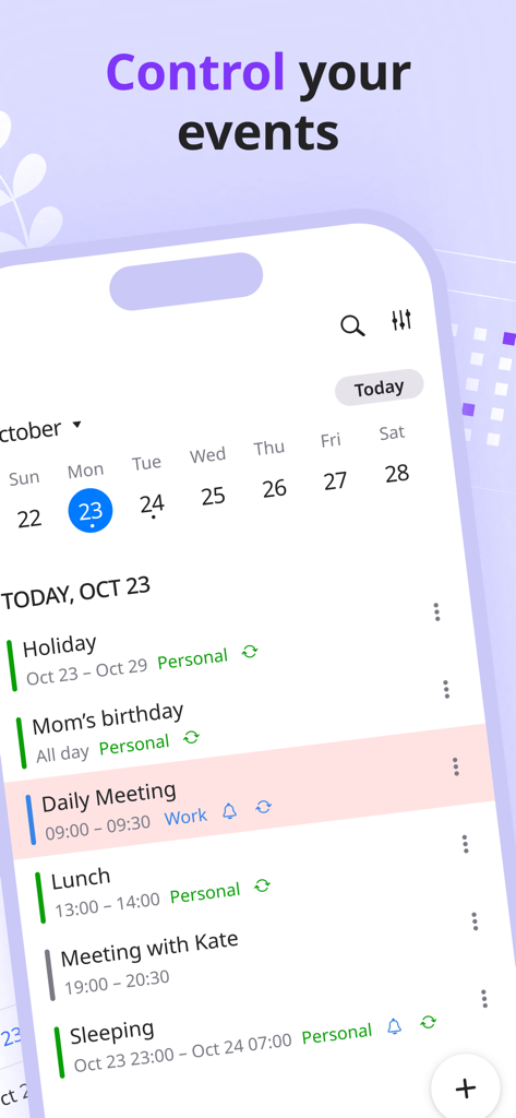 Listta: ToDo & Digital Planner - Listta app interface showing a daily schedule of personal and work events with a calendar view