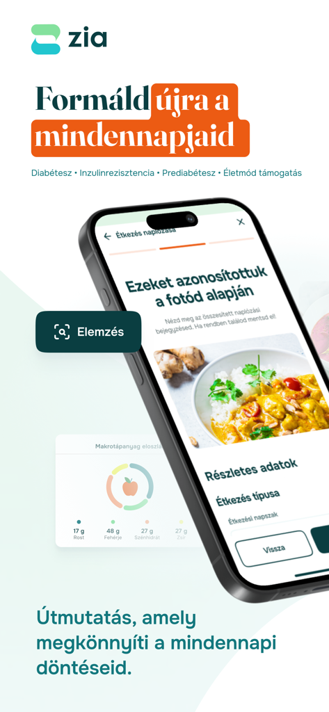 Zia - Interface de l'application mobile Zia montrant l'identification des repas par photo et l'analyse des macronutriments pour le soutien du mode de vie