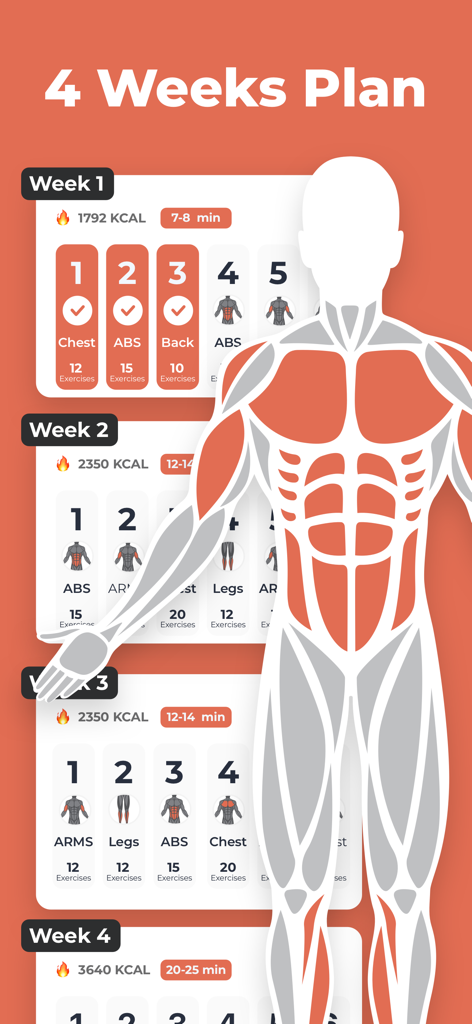 Interface showing a detailed four week workout plan with muscle group highlights and calorie estimations